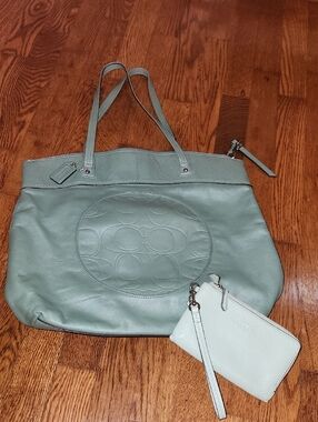 Coach Pebbled Leather Tote in Sage with Wristlet